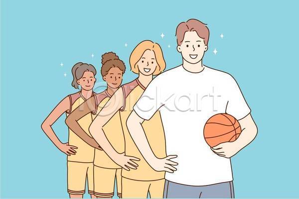 함께함 협력 남자 성인 성인만 여자 EPS 일러스트 해외이미지 감독 농구 농구공 농구선수 동료 들기 상반신 하늘색 허리손