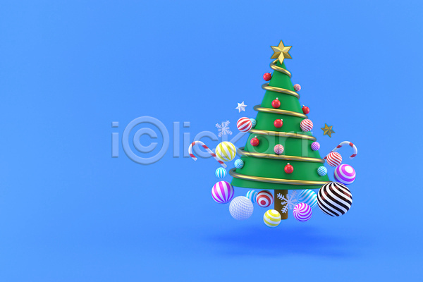 사람없음 3D JPG 디지털합성 포토 해외이미지 눈꽃 눈송이 별 원형 입체도형 장식볼 지팡이사탕 크리스마스 크리스마스장식 크리스마스트리 파란색