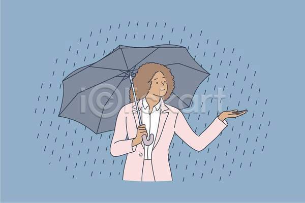 성인 성인여자한명만 여자 한명 EPS 일러스트 해외이미지 들기 비(날씨) 비즈니스 비즈니스우먼 상반신 우산 정장 파란색