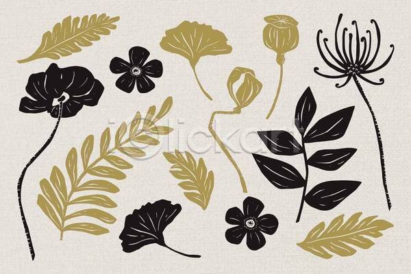 사람없음 EPS 일러스트 해외이미지 검은색 그림 금색 꽃 꽃봉오리 세트 식물 엘리먼트 잎 줄기