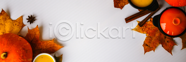 사람없음 JPG 포토 하이앵글 해외이미지 가을(계절) 낙엽 단호박수프 시나몬스틱 오브젝트 주황색 호박