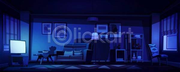 사람없음 EPS 일러스트 해외이미지 거실 빛 선반 소파 스탠드 실내 액자 야간 어둠 의자 인테리어 창문 카툰스타일 카펫 탁자 텔레비전 파란색