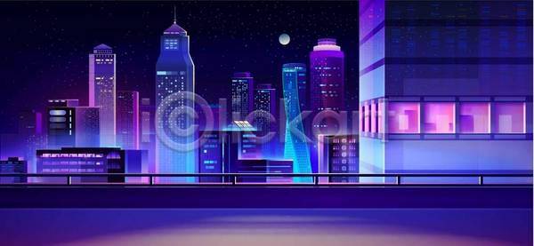 사람없음 EPS 일러스트 해외이미지 건물 난간 달 도시 도시풍경 보라색 빌딩 야간 야경