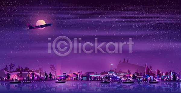 사람없음 EPS 일러스트 해외이미지 강 구름(자연) 달 도시 도시풍경 배(교통) 비행기 빛 야간 야경