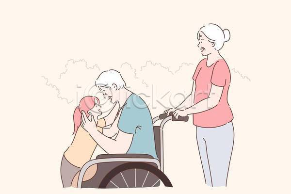 산책 행복 남자 노년 세명 소녀(어린이) 어린이 여자 EPS 일러스트 해외이미지 가족 미소(표정) 상반신 서기 손녀 앉기 장애인 조부모 포옹 할머니 할아버지 휠체어