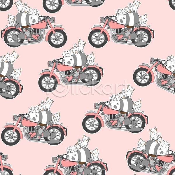귀여움 러블리 사람없음 EPS 일러스트 해외이미지 고양이 눕기 동물캐릭터 분홍색 승차 여러마리 오토바이 올라탄 판다 패턴 패턴백그라운드