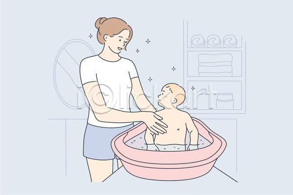 행복 남자 두명 성인 아기 여자 EPS 일러스트 해외이미지 모자(엄마와아들) 목욕 상반신 씻겨주기 아기욕조 아들 어머니의날 엄마 욕실