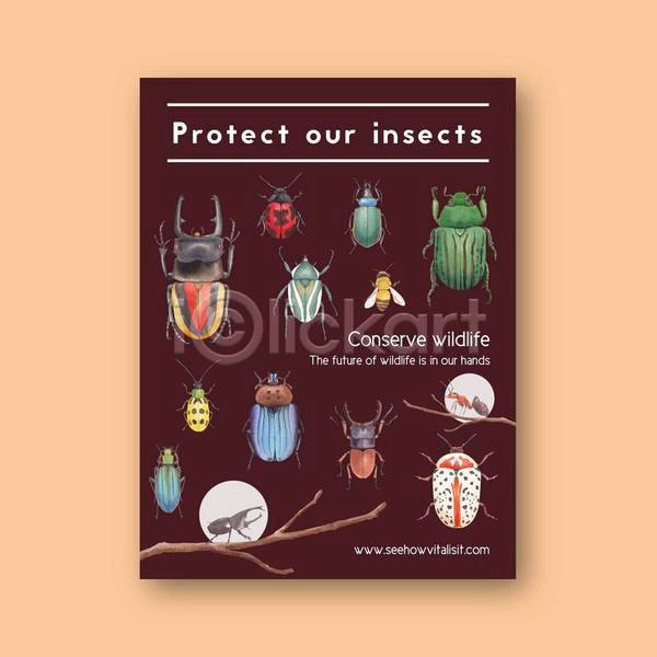 사람없음 EPS 일러스트 해외이미지 개미 곤충 꿀벌 나뭇가지 버건디 사슴벌레 여러마리 종류 포스터