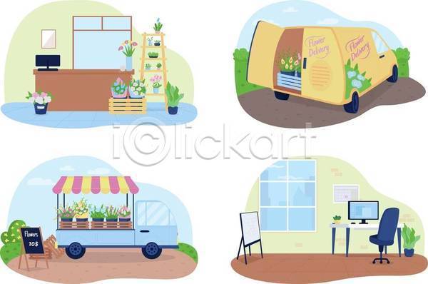 사람없음 EPS 일러스트 해외이미지 꽃배달 꽃배달서비스 꽃집 모니터 반려식물 원예 의자 창문 트럭 화분