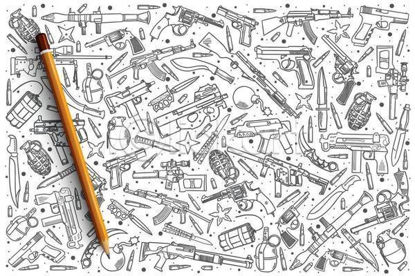 사람없음 EPS 일러스트 해외이미지 권총 다이너마이트 무기 세트 손그림 수류탄 스케치 잭나이프 총 칼 폭발물 폭탄 표창