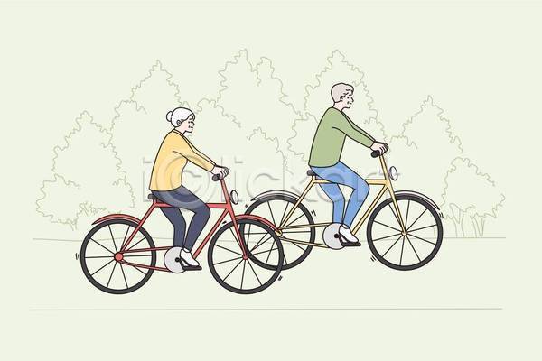 남자 노년 노인만 두명 여자 EPS 일러스트 해외이미지 나무 앉기 연두색 자전거 전신 커플 할머니 할아버지