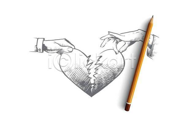 사랑 신체부위 EPS 일러스트 해외이미지 균열 깨짐 들기 손 손그림 손상 스케치 연필 컨셉 하트