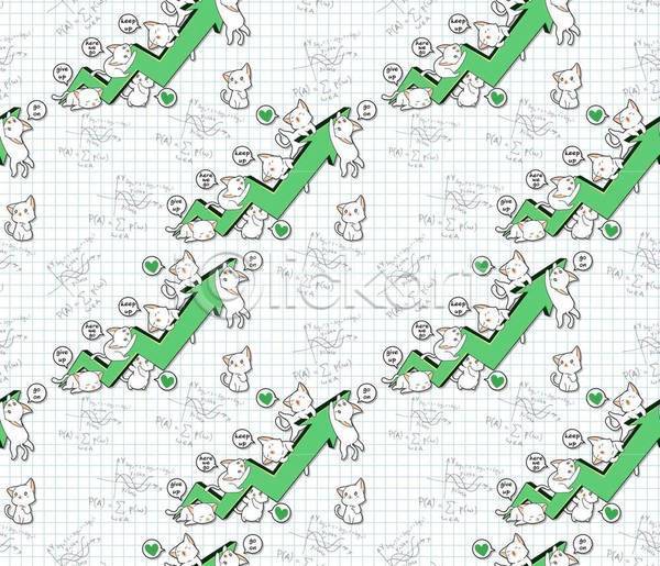 귀여움 러블리 상승 사람없음 EPS 일러스트 해외이미지 고양이 눕기 동물캐릭터 말풍선 매달리기 여러마리 잡기 초록색 패턴 패턴백그라운드 하트 화살표