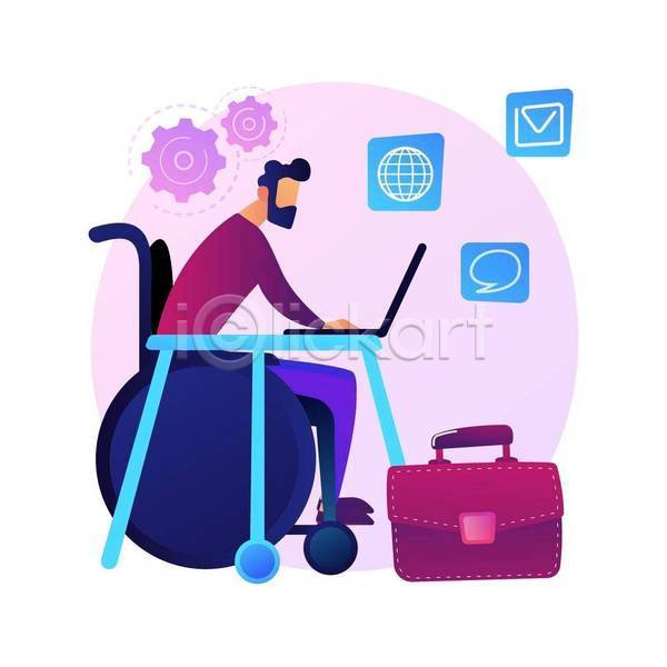남자 성인 성인남자한명만 한명 EPS 일러스트 해외이미지 가방 노트북 비즈니스 앉기 장애인 장애인취업 전신 책상 휠체어