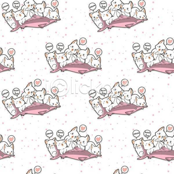 귀여움 러블리 사람없음 EPS 일러스트 해외이미지 고양이 다리들기 동물캐릭터 말풍선 분홍색 어류 여러마리 올라탄 잡기 패턴 패턴백그라운드 하트