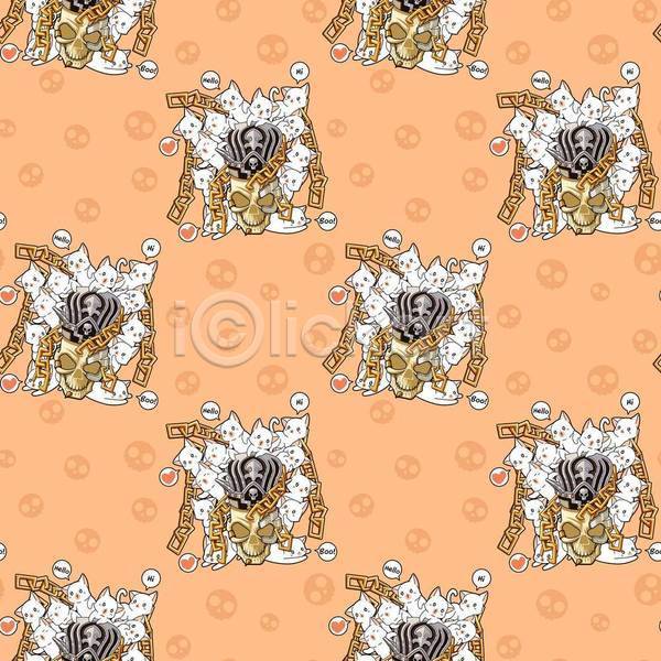 귀여움 러블리 사람없음 EPS 일러스트 해외이미지 고양이 눕기 동물캐릭터 매달리기 쇠사슬 여러마리 왕관 주황색 패턴 패턴백그라운드 해골