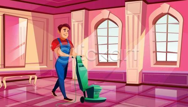 남자 성인 성인남자한명만 한명 EPS 일러스트 해외이미지 걷기 궁전 분홍색 빛 의자 잡기 창문 청소 청소기 청소부