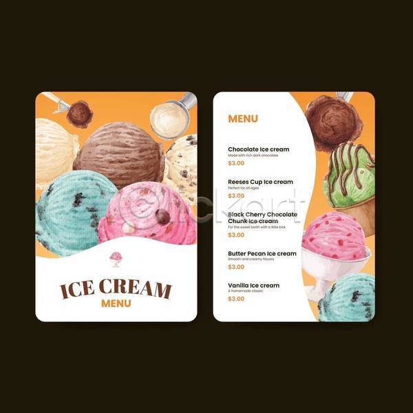 사람없음 EPS 일러스트 해외이미지 메뉴 메뉴판 수채화(물감) 스쿱 아이스크림 아이스크림가게 종류 주황색 컵아이스크림 흰색
