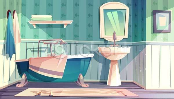 사람없음 EPS 일러스트 해외이미지 선반 세면대 수건 실내 액자 욕실 욕실거울 욕조 인테리어 초록색 카툰스타일 카펫 햇빛 화장실