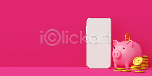 사람없음 3D JPG 디지털합성 포토 해외이미지 동전탑 돼지저금통 모바일뱅킹 스마트뱅킹 스마트폰 저축 진분홍색 카피스페이스