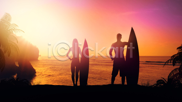 남자 두명 성인 성인만 여자 JPG 실루엣 포토 해외이미지 들기 바다 서기 서핑 서핑보드 수영복 야외 야자수 열대잎 전신 주간 커플 햇빛