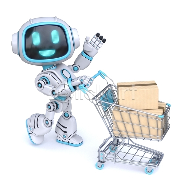 사람없음 3D JPG 일러스트 해외이미지 AI(인공지능) 로봇 밀기 상자 손인사 쇼핑카 캐릭터