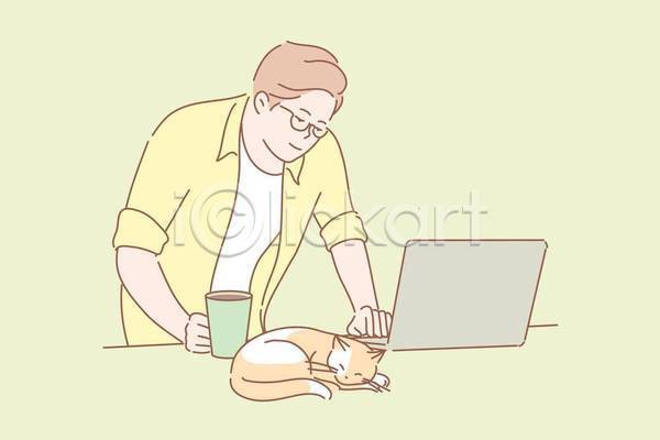남자 성인 성인남자한명만 한명 EPS 일러스트 해외이미지 고양이 노트북 들기 비즈니스 비즈니스맨 상반신 안경낌 연두색 잔 재택근무 커피 한마리