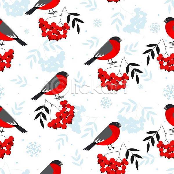 사람없음 JPG 일러스트 해외이미지 눈꽃 눈꽃무늬 눈송이 빨간색 여러마리 열매 잎 조류 크리스마스 패턴 패턴백그라운드 흰색