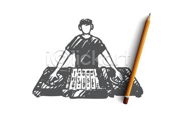 남자 성인 성인남자한명만 한명 EPS 일러스트 해외이미지 DJ 디스코 디제잉기계 상반신 손그림 스케치 얼굴없음 음악 컨셉 클럽 파티 헤드폰