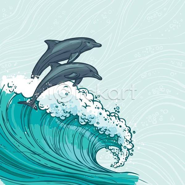사람없음 EPS 일러스트 해외이미지 돌고래 디자인 라인아트 물결 청록색 파도