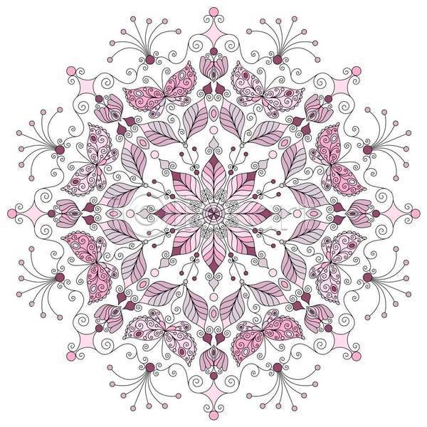 화려 사람없음 EPS 일러스트 해외이미지 꽃 나비 대칭 디자인 만다라 백그라운드 분홍색 여러마리 잎 추상