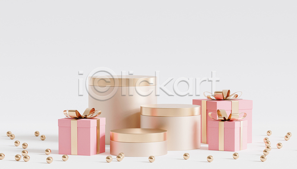 사람없음 3D JPG 디지털합성 포토 해외이미지 단상 분홍색 선물상자 원형 입체도형 크리스마스 크리스마스선물 흰색