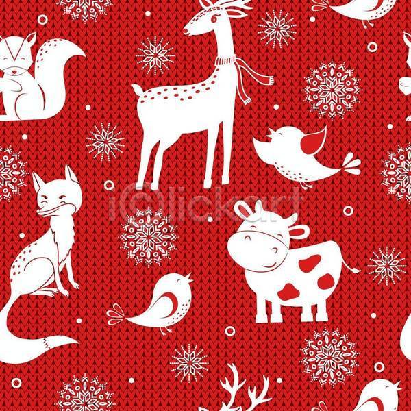 사람없음 JPG 일러스트 해외이미지 눈꽃무늬 눈송이 다람쥐 루돌프 빨간색 순록 여러마리 여우 젖소 조류 크리스마스 패턴 패턴백그라운드 흰색