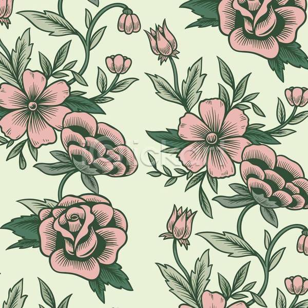 사람없음 EPS 일러스트 해외이미지 꽃 꽃무늬 꽃백그라운드 디자인 미술 백그라운드 복고 분홍색 초록색