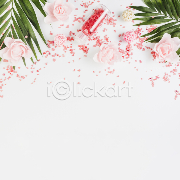 사람없음 JPG 포토 하이앵글 해외이미지 꽃 소금통 실내 야자수잎 카피스페이스 핑크솔트 흰배경