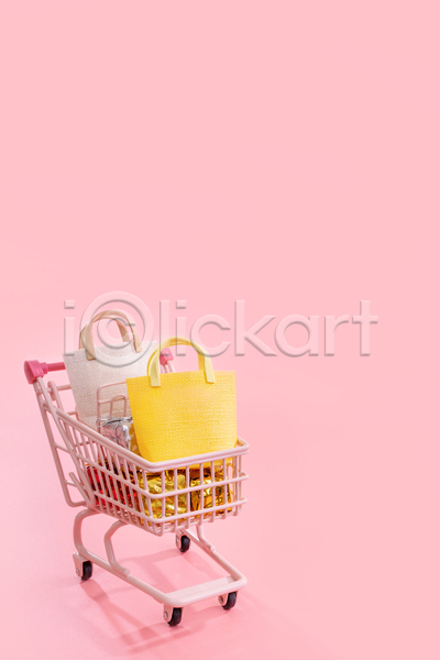 사람없음 JPG 포토 해외이미지 담기 미니어처 분홍색배경 쇼핑 쇼핑백 쇼핑카 실내 오브젝트