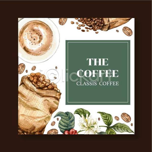 사람없음 EPS 일러스트 해외이미지 갈색 원두 잎 초록색 카페 커피 커피열매 커피자루 커피잔 컵 컵받침 포스터