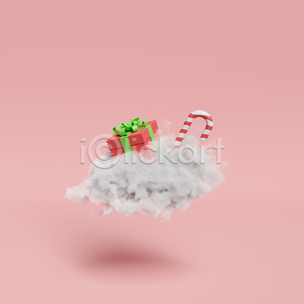 사람없음 3D JPG 디지털합성 포토 해외이미지 구름(자연) 분홍색 비행 선물상자 지팡이사탕 크리스마스 크리스마스선물 크리스마스장식지팡이