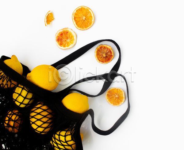 사람없음 JPG 포토 해외이미지 고립 귤 노란색 레몬 망사 면 바이오 비건 생태계 쇼핑 슈퍼마켓 시장 심플 에코 여름(계절) 재활용 친환경 흰배경