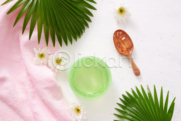 사람없음 JPG 포토 하이앵글 해외이미지 그릇 꽃 나무숟가락 수건 실내 알로에 알로에베라 알로에젤 열대잎 피부관리 흰배경