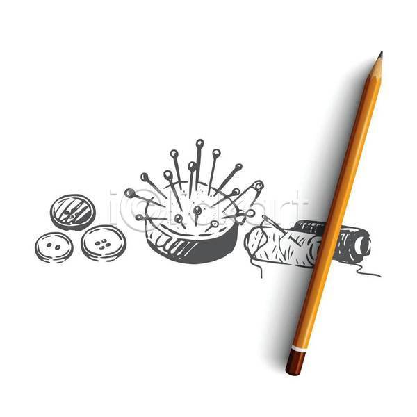 사람없음 EPS 일러스트 해외이미지 단추(바느질) 바느질 바느질도구 바늘(도구) 바늘꽂이 손그림 스케치 실 실타래 오브젝트 컨셉
