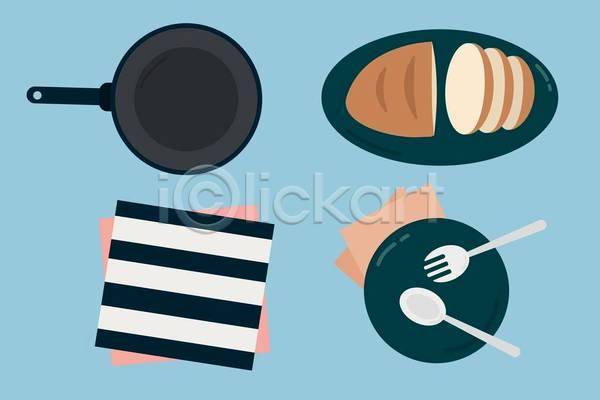 사람없음 EPS 일러스트 해외이미지 빵 세트 숟가락 스티커 식탁보 접시 포크 프라이팬 하늘색