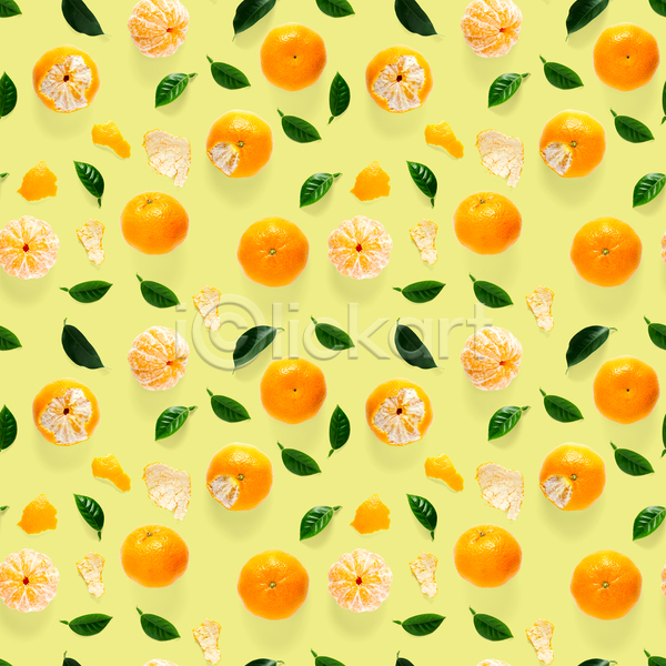 사람없음 JPG 포토 해외이미지 귤 껍질 노란배경 알맹이 잎 패턴