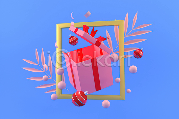 사람없음 3D JPG 디지털합성 포토 해외이미지 사각프레임 선물상자 오너먼트 오픈 원형 입체도형 잎 크리스마스 크리스마스선물 크리스마스장식 파란색