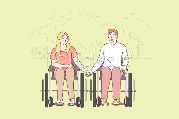 사랑 함께함 남자 두명 성인 성인만 여자 EPS 일러스트 해외이미지 손잡기 앉기 연두색 장애인 전신 커플 휠체어