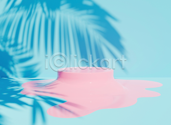 흐름 사람없음 3D JPG 포토 해외이미지 그림자 녹음(녹이기) 단상 분홍색 액체 야자수잎 여름(계절) 하늘색