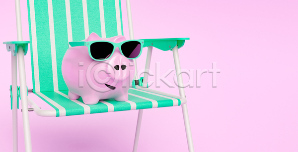 사람없음 3D JPG 포토 해외이미지 돼지저금통 민트색 분홍색 선글라스 선베드 여름(계절)
