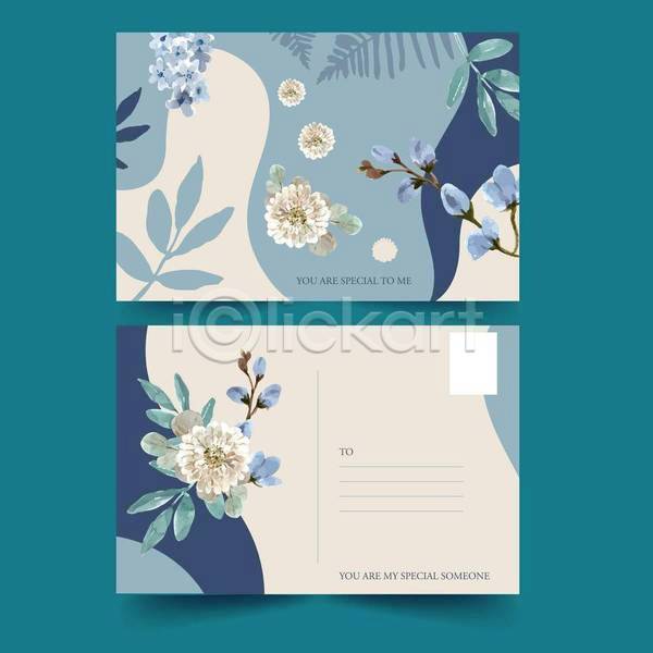 감성 사람없음 EPS 일러스트 템플릿 해외이미지 국화 꽃 꽃봉오리 베이지색 수채화(물감) 엽서 잎 파란색