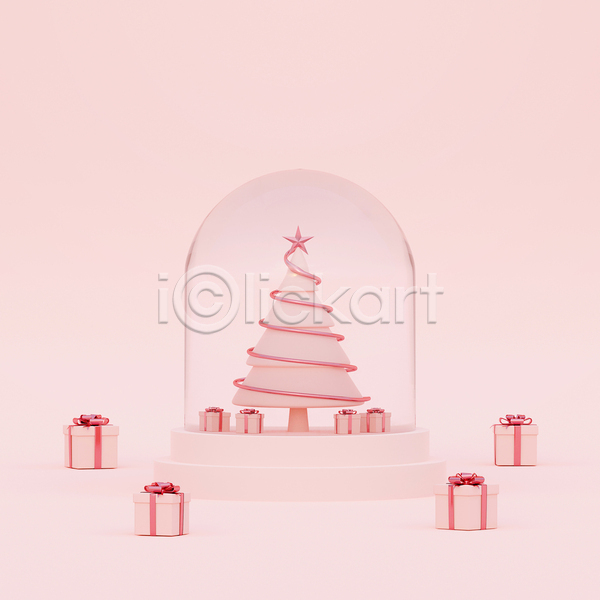 사람없음 3D JPG 디지털합성 포토 해외이미지 별 분홍색 선물상자 스노글로브 크리스마스 크리스마스선물 크리스마스트리