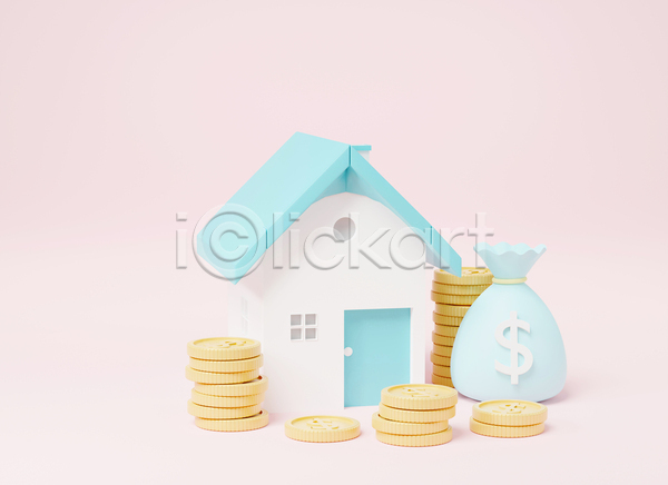 사람없음 3D JPG 디지털합성 포토 해외이미지 건물 달러 돈자루 동전탑 부동산 부동산가격 부동산거래 분홍색 주택 집값